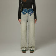 Folded Waist Color Combination Wide Denim Jeans