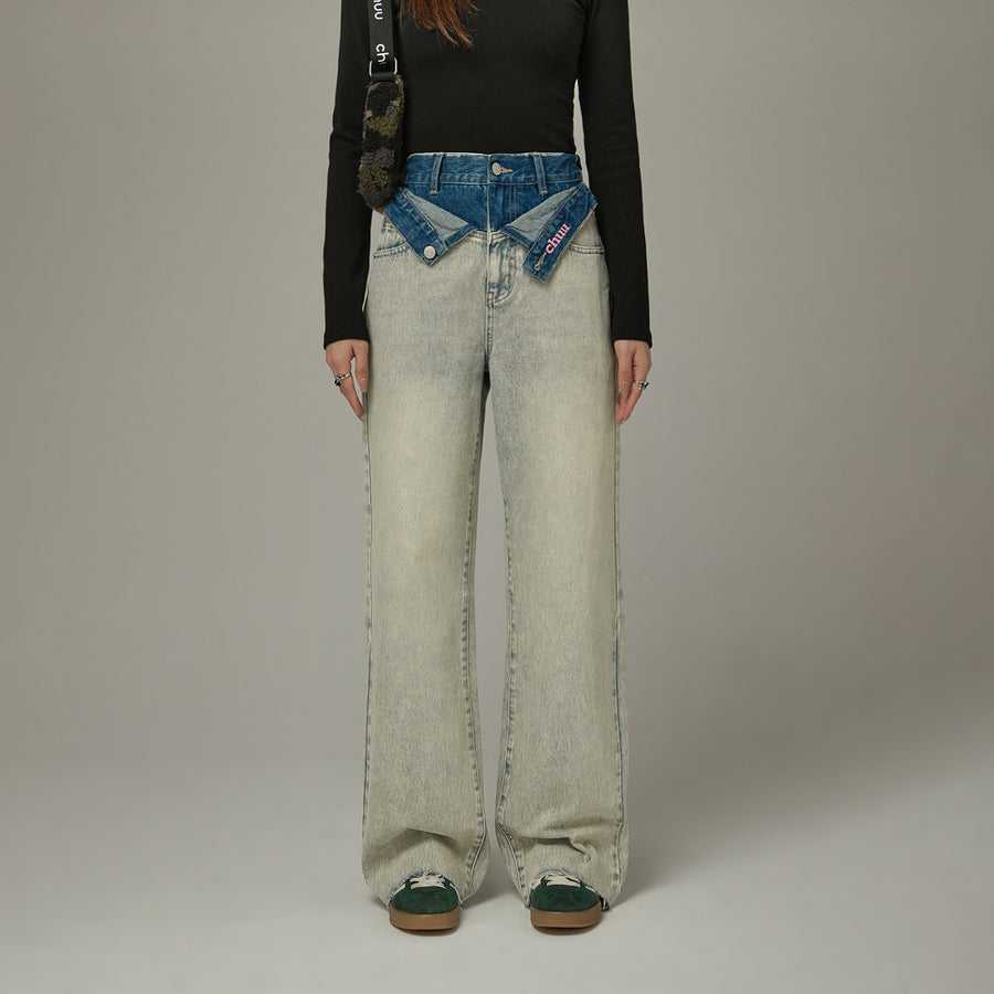 CHUU Folded Waist Color Combination Wide Denim Jeans