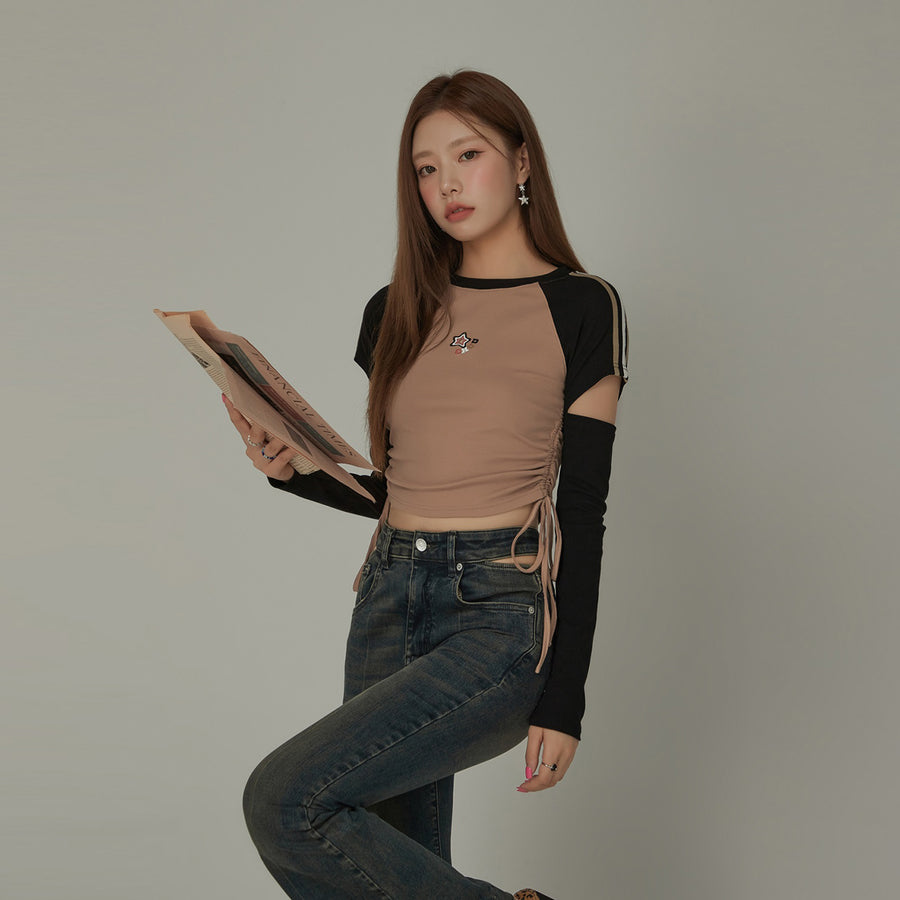 CHUU Star Logo Cutout Shirring Waist Long Sleeves Top