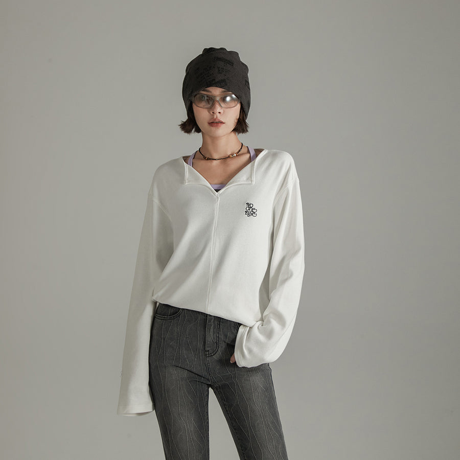 CHUU Logo Basic Open Collar Long Sleeve T-Shirt