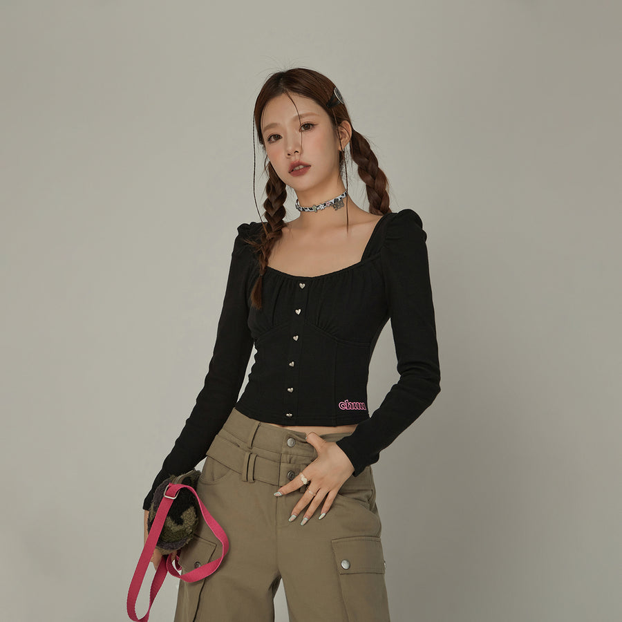 CHUU Heart Buttons Square Puff Sleeve Top