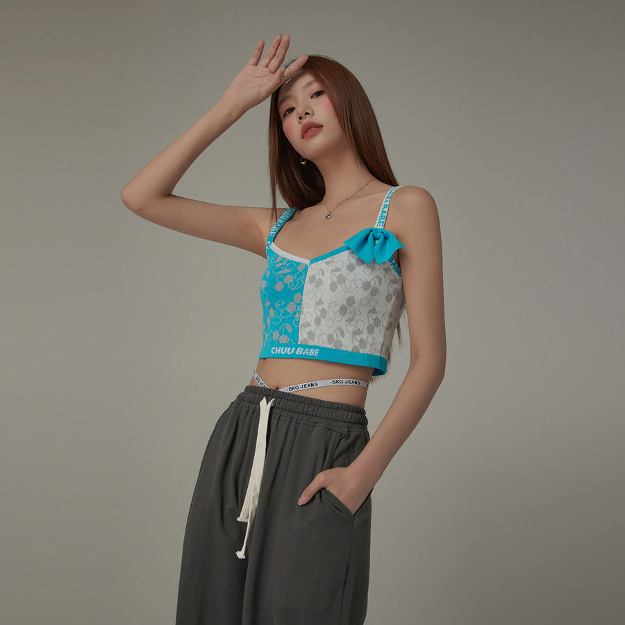 CHUU Chuu Babe Cherry Pattern Two Toned Sleeveless Crop Top