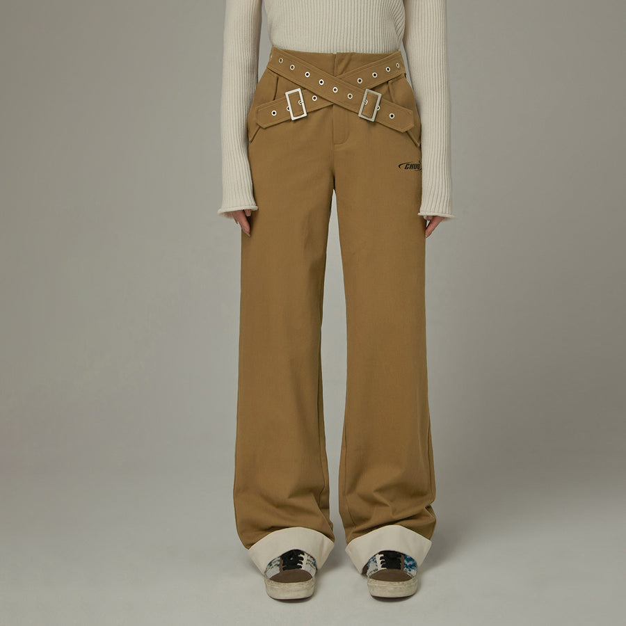 CHUU Criss Cross Belt Roll-Up Wide Pants