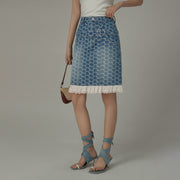 Heart Belted Lace Hem Shaped Pattern Denim Skirt