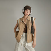 Color Pocket Raw Edge Zipper Vest