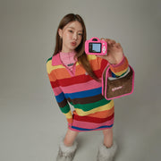 Open Collar Rainbow Knit Dress