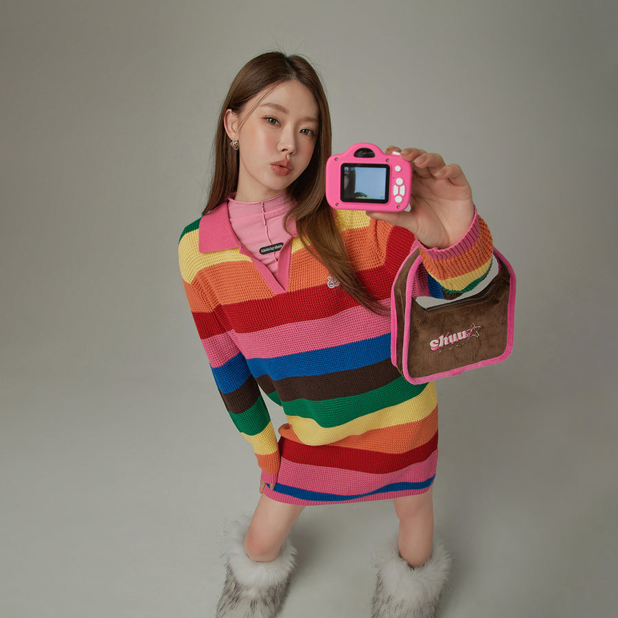 CHUU Open Collar Rainbow Knit Dress