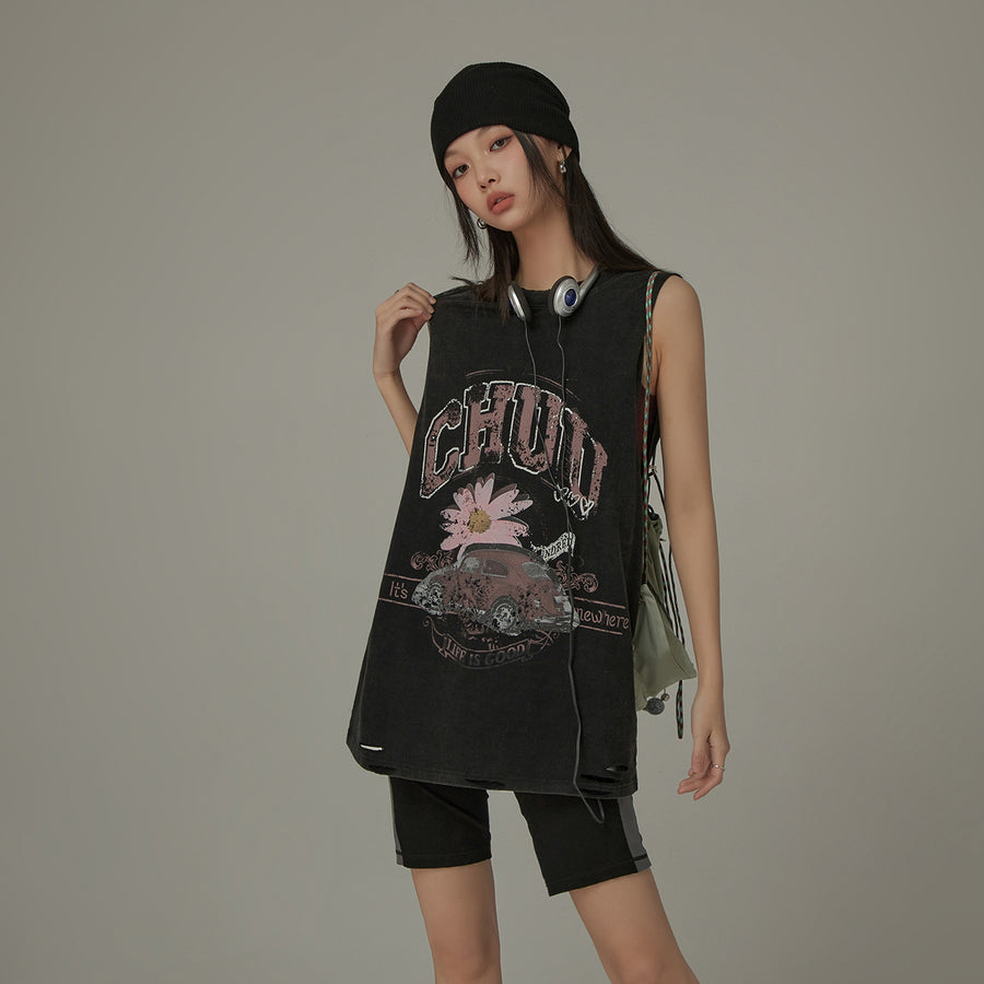 CHUU Vintage Oversized Chuu Printed Car Sleeveless T-Shirt