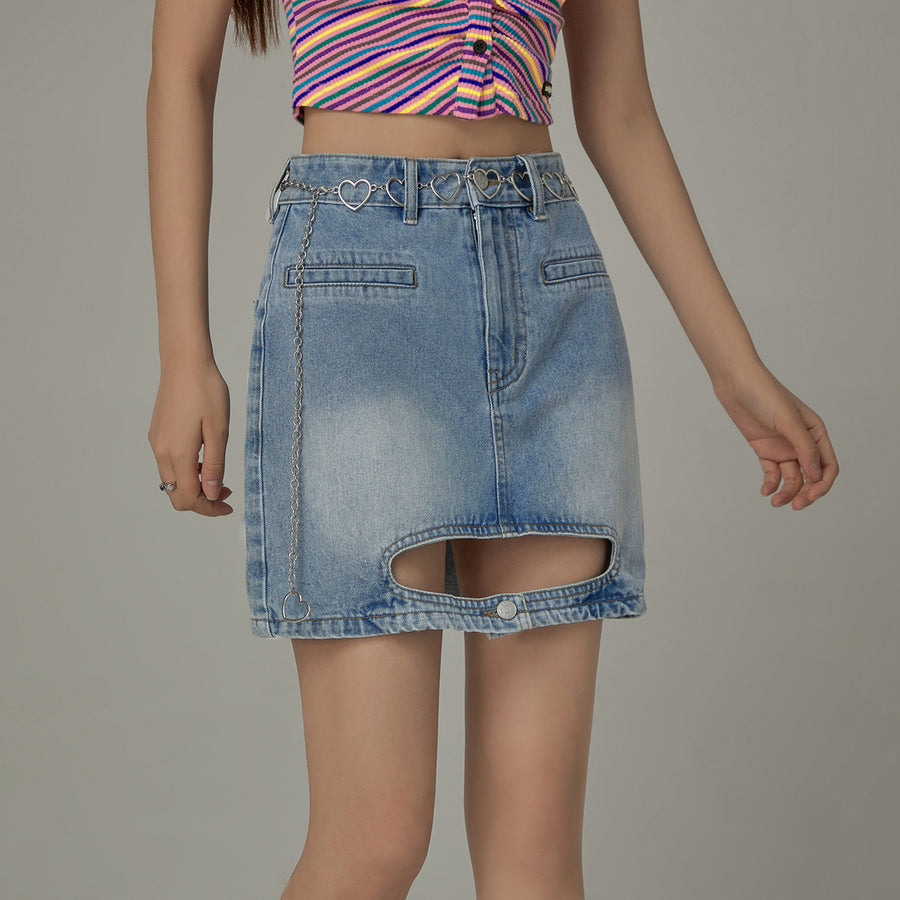 CHUU Front Cutout Denim Mini Skirt