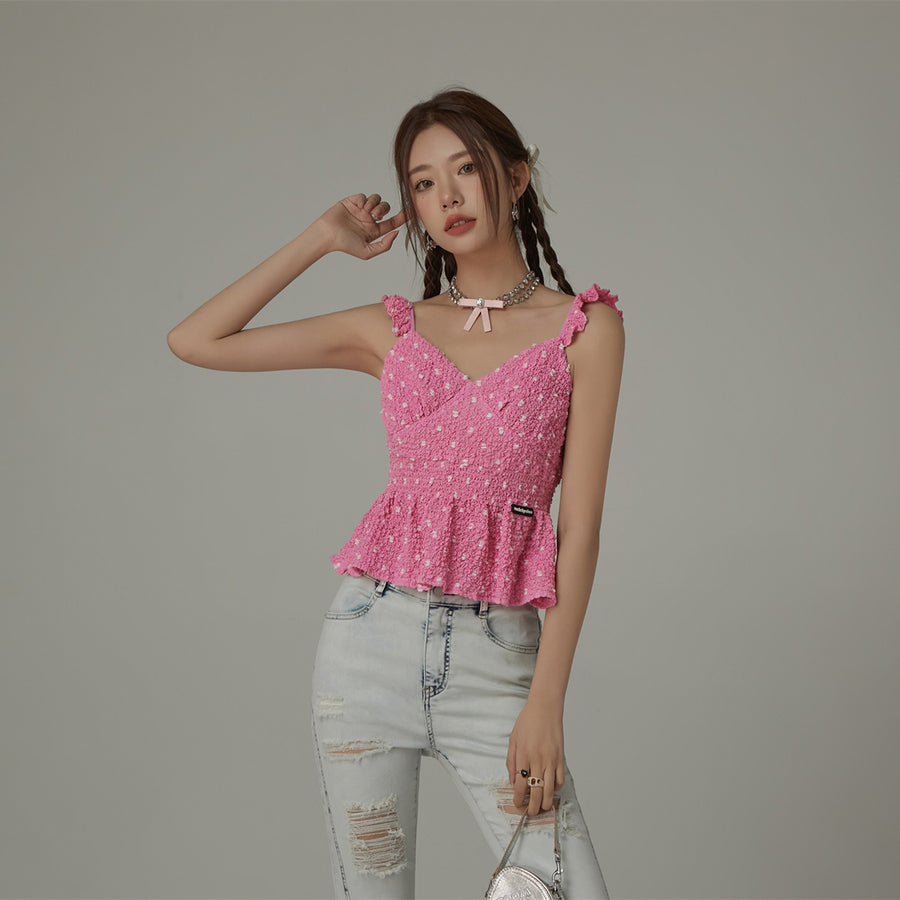 CHUU Ruffled Straps Sleeveless Polka Dot Peplum Blouse