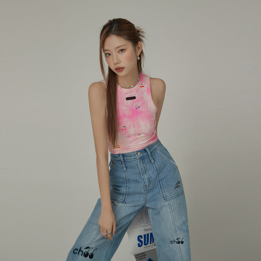 CHUU Light Tie Dye Printed Cherries Crop Sleeveless Top