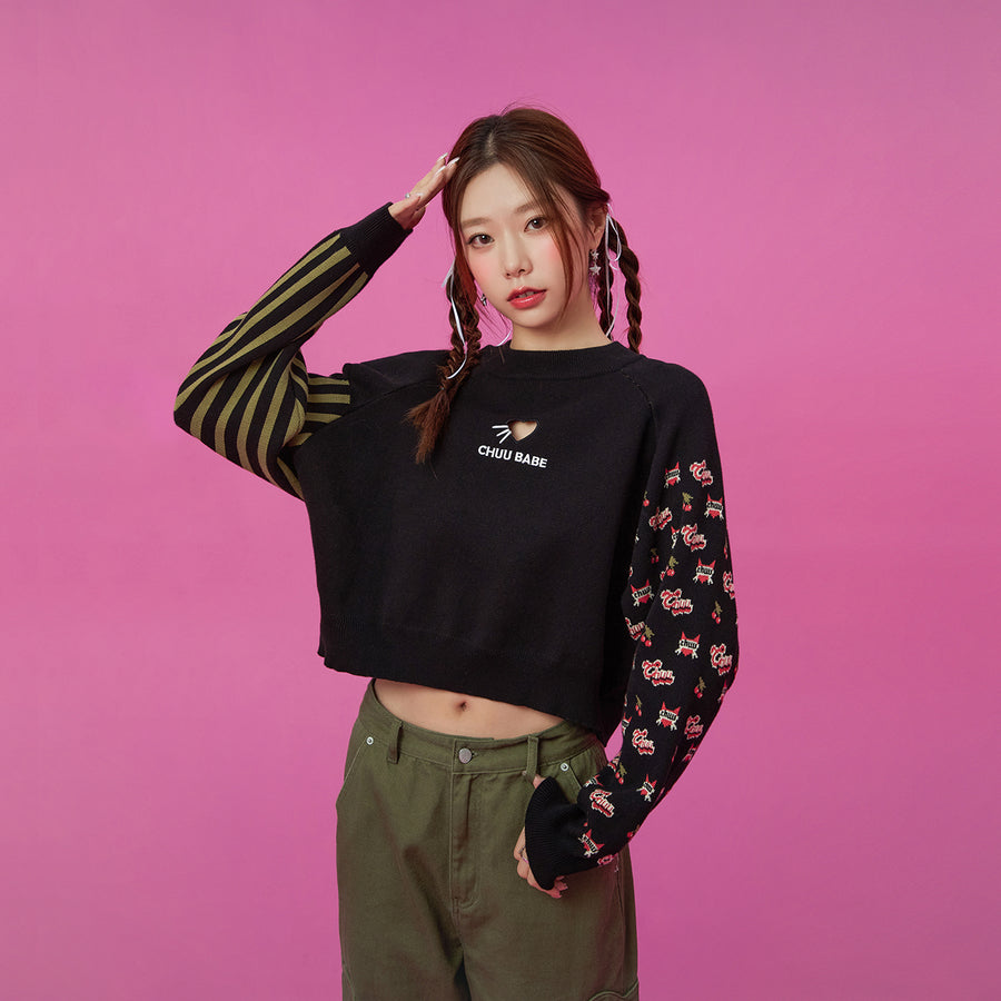 CHUU Heart Cutout Two Patterns Knit Sweater