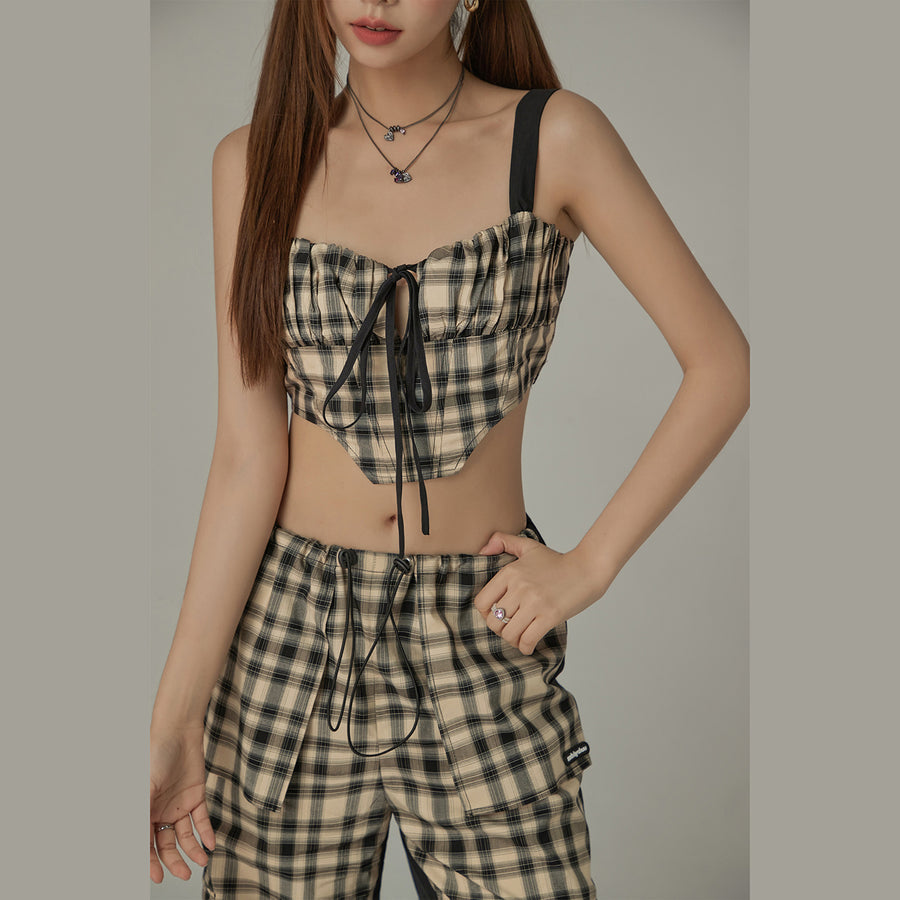 CHUU Check Ribbon Sleeveless Bustier Top