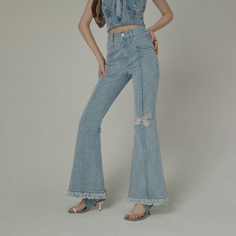 CHUU Fringed Ripped Bootcut Denim Jeans