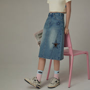 Hollow Star Washed Denim Medium Length Skirt