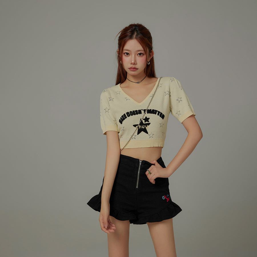 CHUU Size Doesnt Matter Chuu Star V-Neck Puff Knit Top