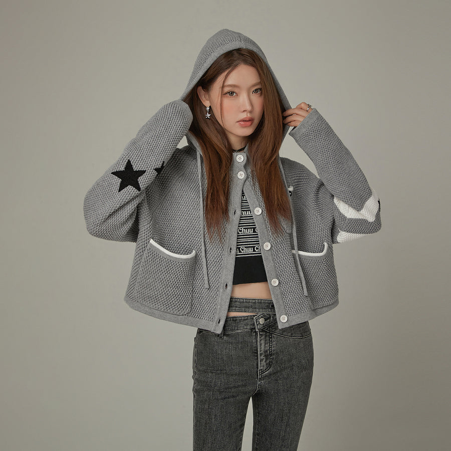 CHUU Waffle Star Hooded Button Cardigan