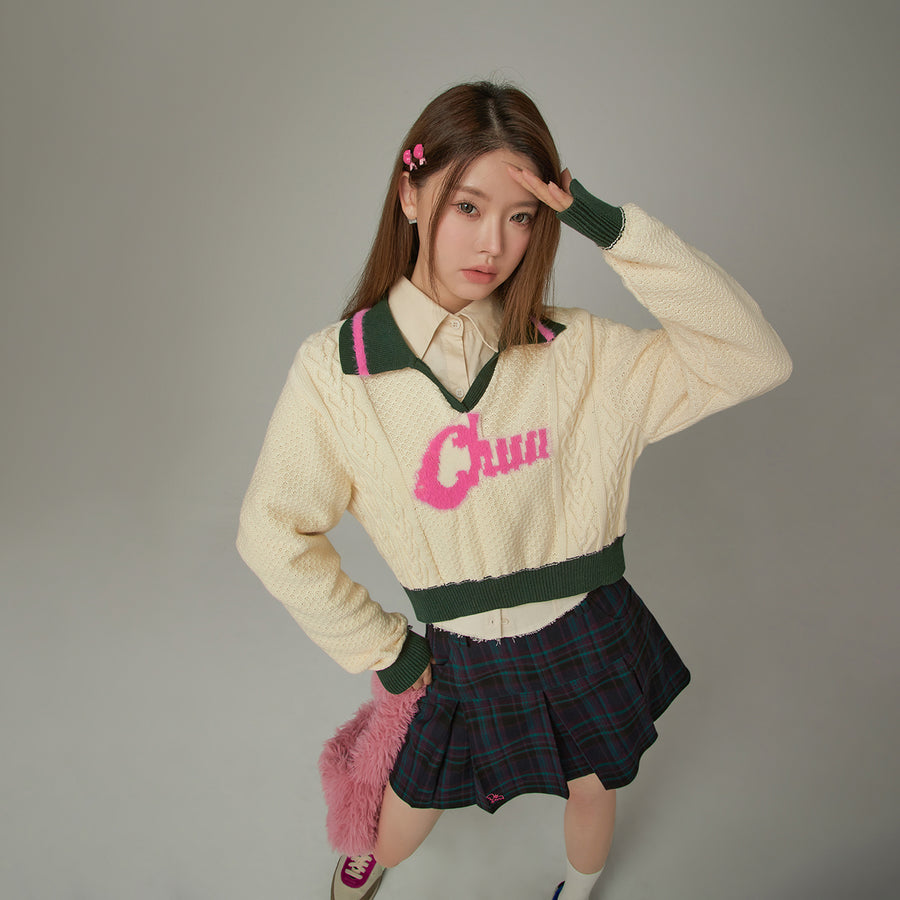 CHUU Logo Open Collar Crop Knit Sweater