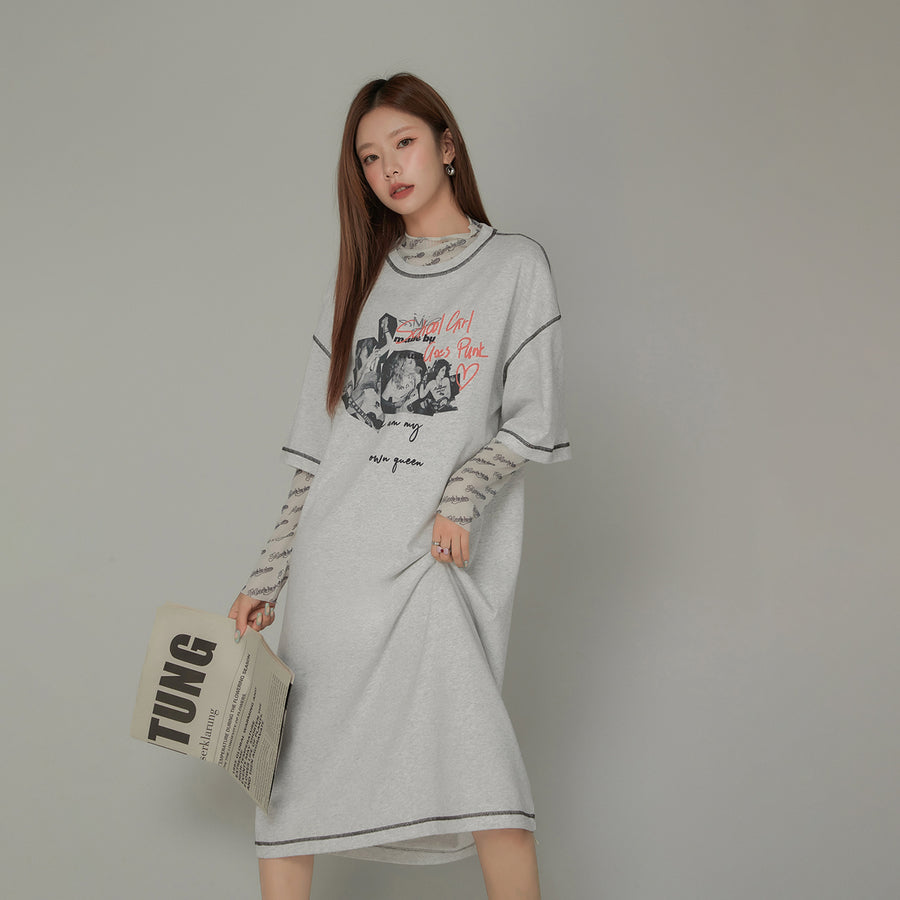 CHUU Punk Print Back Cut Out Lined Long T-Shirt Dress