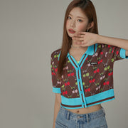 Cherry Argyle Colored Short Sleeve Knit Cardigan