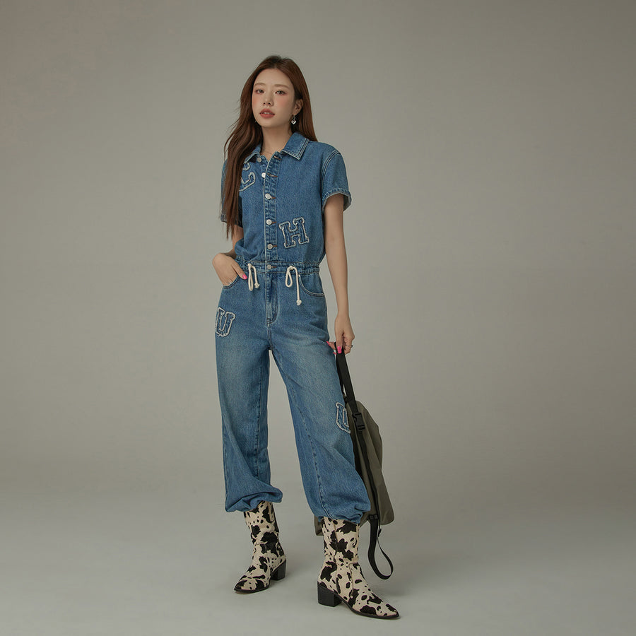 CHUU String Embroidered Denim Jumpsuit