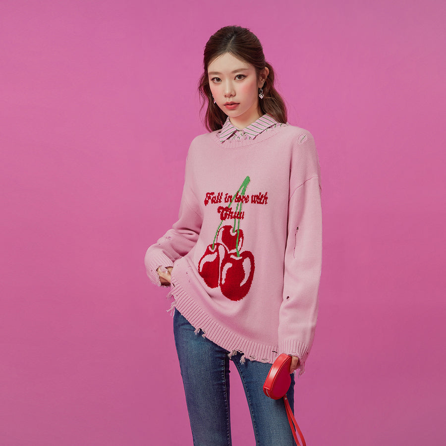 CHUU Distressed Cherry Loose Knit Sweater