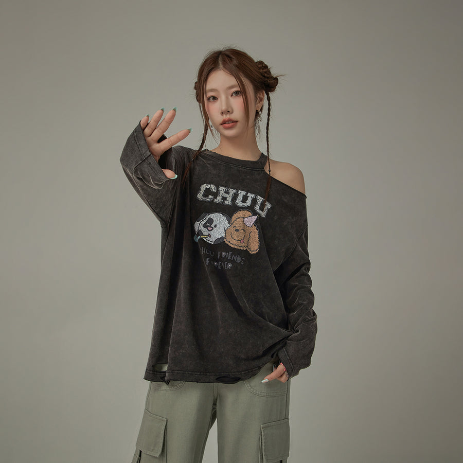 CHUU Puppy Face Logo One Shoulder Long Sleeve T-Shirt