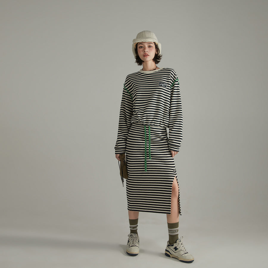 CHUU Slit Stripe Long Skirt