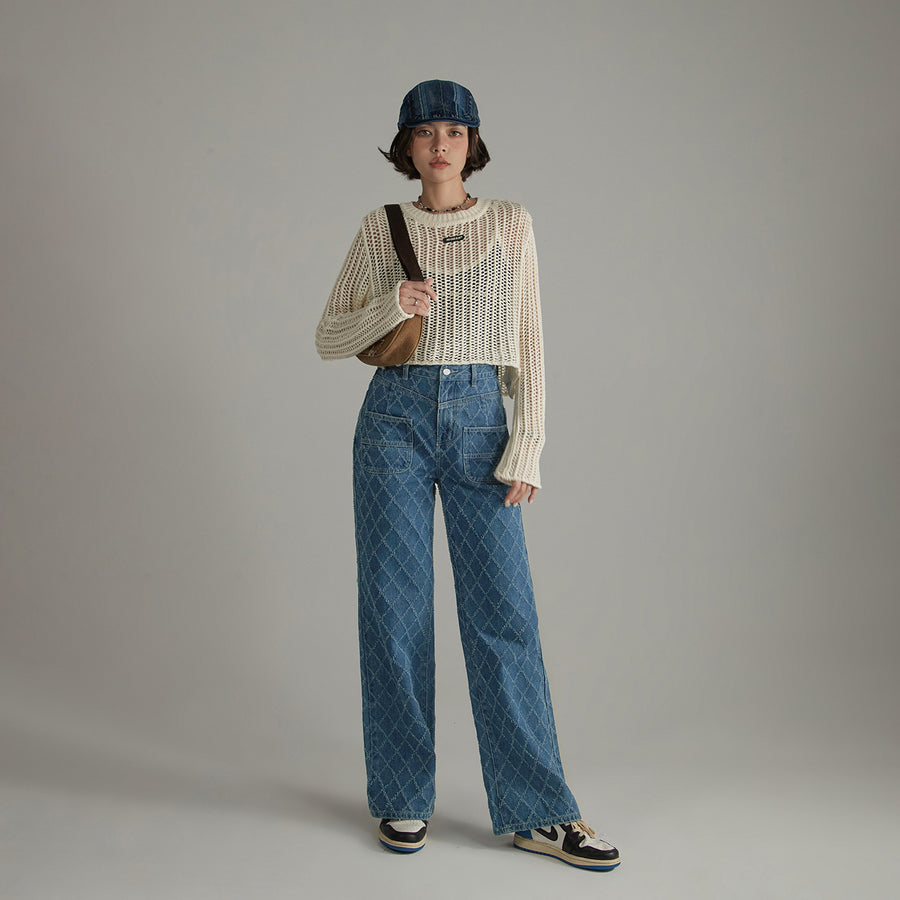 CHUU Vintage Argyle Pattern Wide Denim Jeans