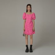 Chuu Symbols Ruffled Side Cutout Puff Short Sleeve Mini Dress