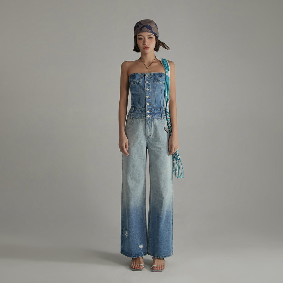 CHUU Tube Top Multi Buttons Denim Jumpsuit