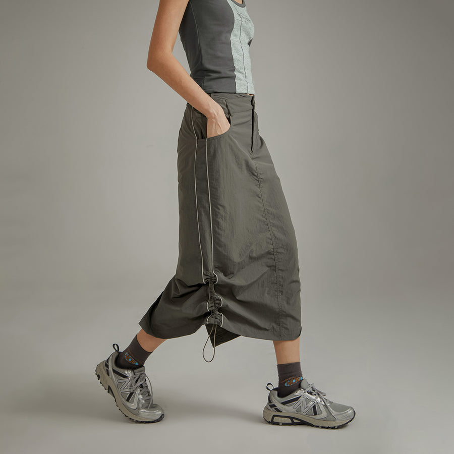 CHUU Retro Solid Color Drawstring Long Skirt