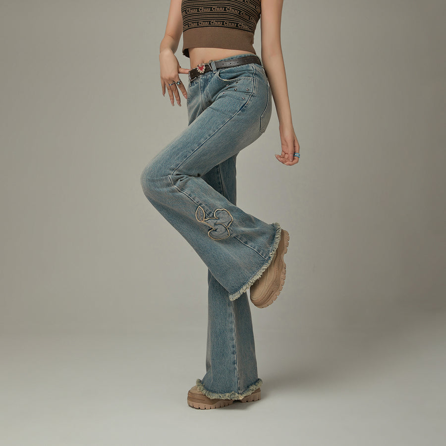 CHUU Bow Design Frayed Hem Bootcut Denim Jeans