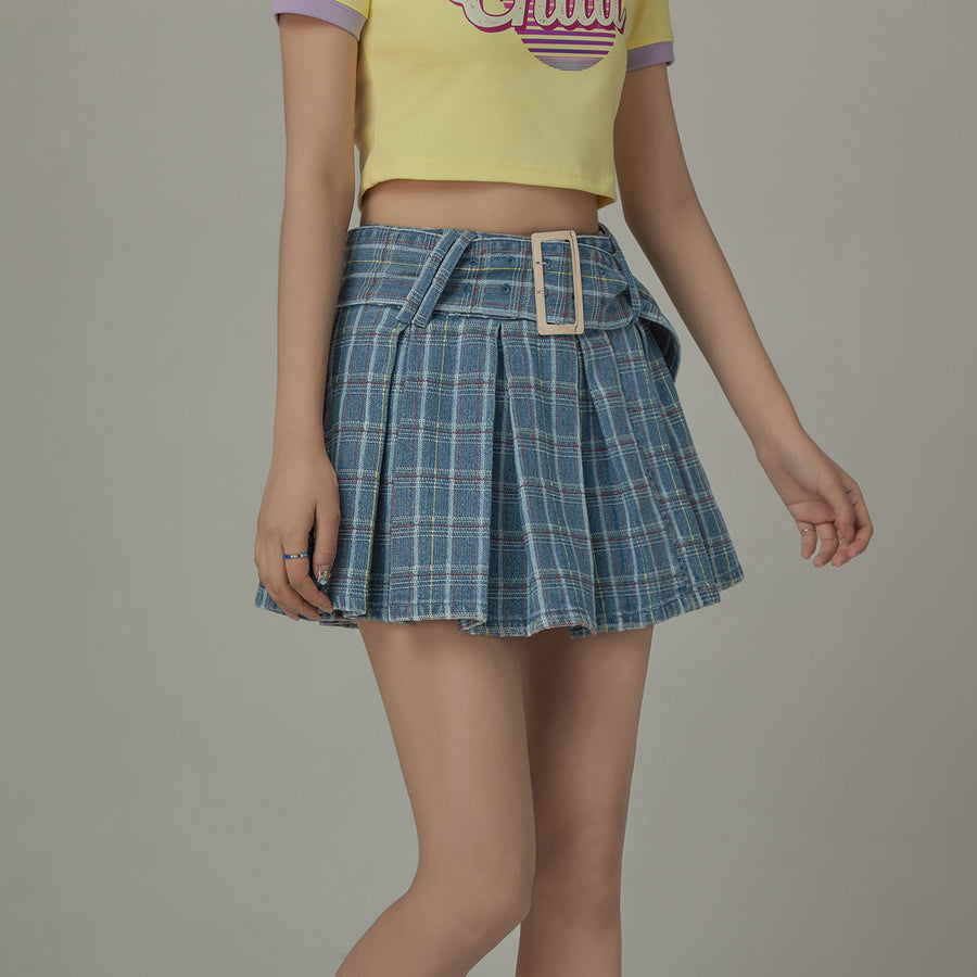 CHUU Check Pleated Big Belt Mini Skirt