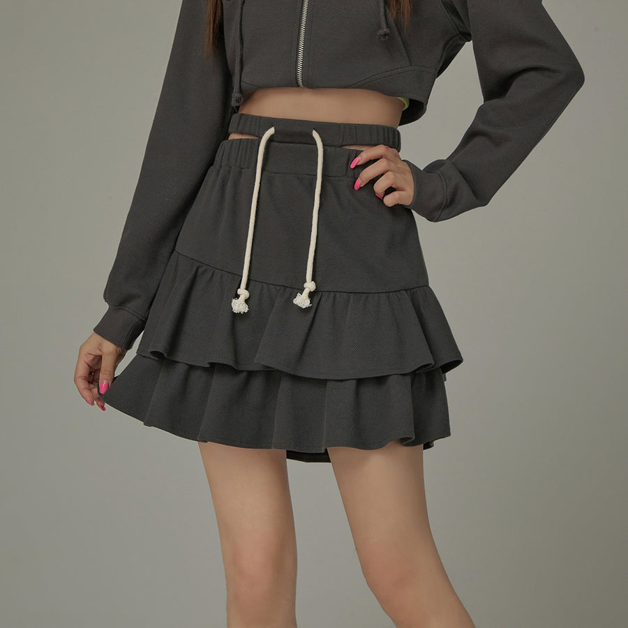 CHUU Layered Ruffle Waist Slit Mini Skirt