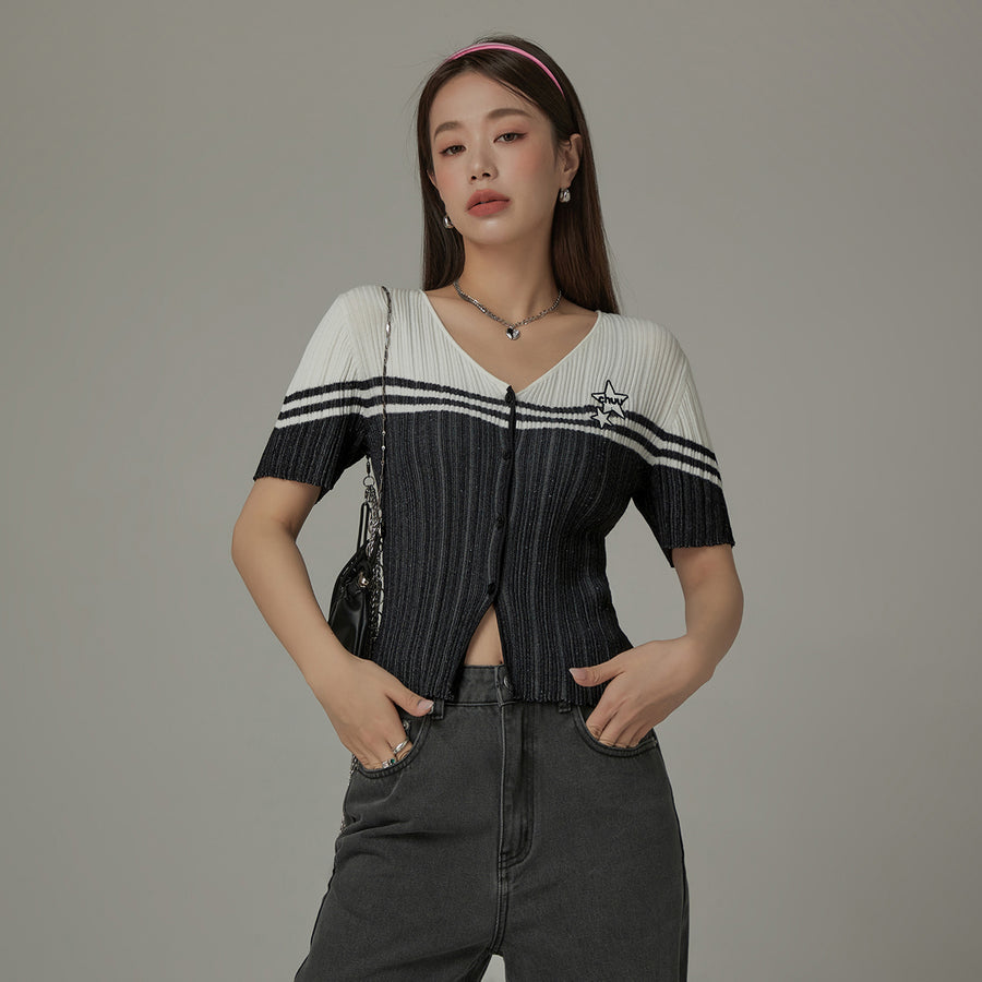 CHUU Ribbed Color Blocked Button Short Sleeve Cardigan