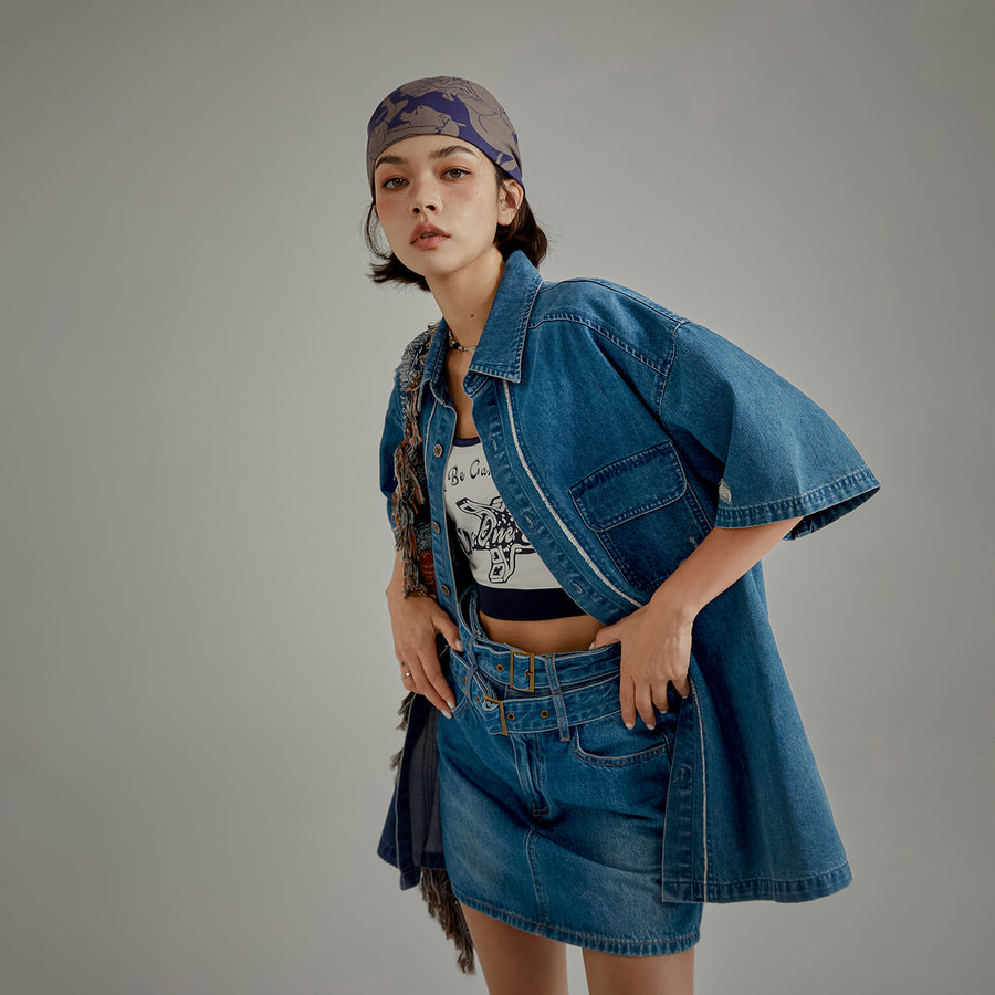 CHUU Distressed Embroidered Denim Short Sleeve Shirt