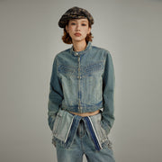 Neck Button Washed Denim Jacket