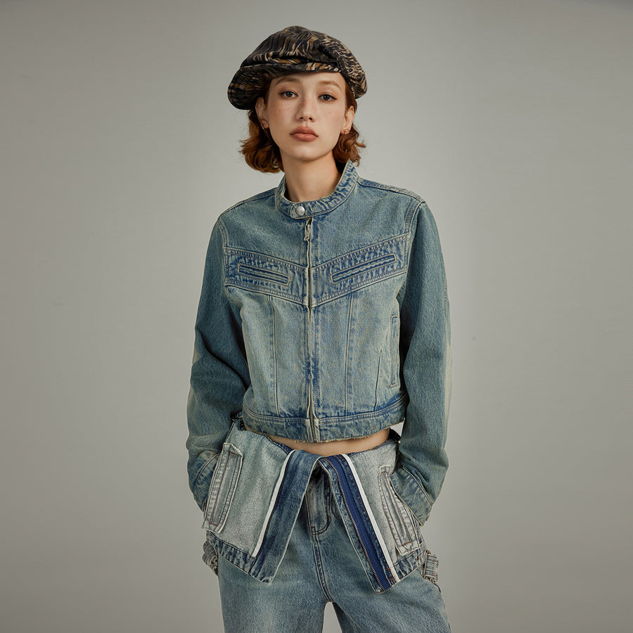 CHUU Neck Button Washed Denim Jacket