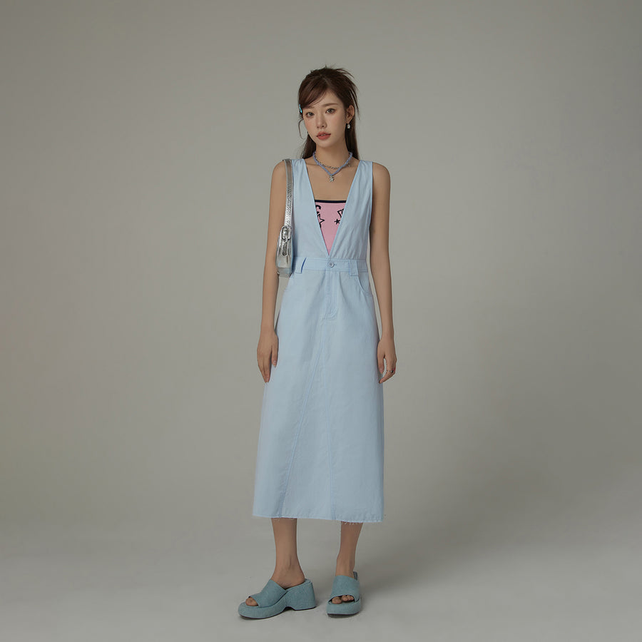 CHUU Backtie Dip V Neck Sleeveless Long Dress