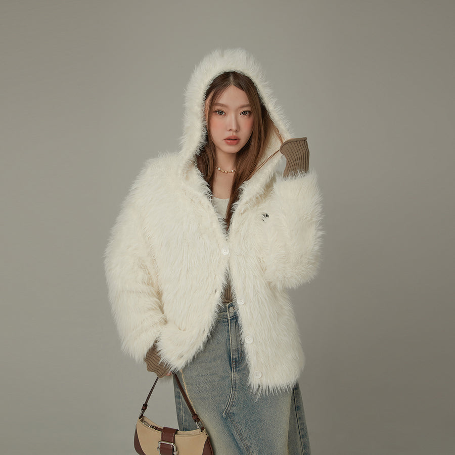 CHUU Embroidered Fuzzy Hooded Cardigan