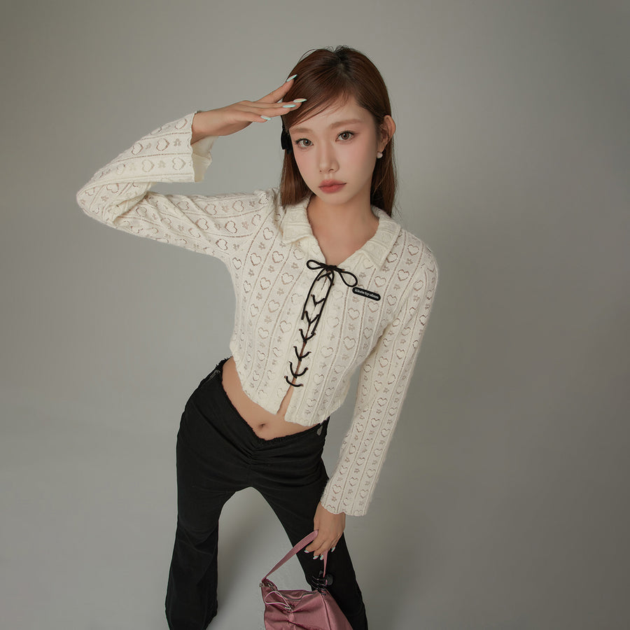 CHUU Heart Pattern Bow Lace Up Crop Blouse