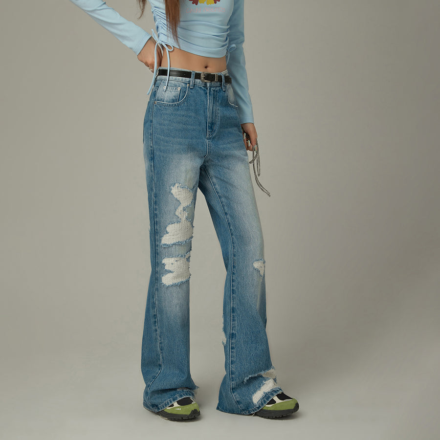 CHUU Distressed Ripped Bootcut Denim Jeans