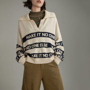 Open Collar Lettering Knit Sweatshirt