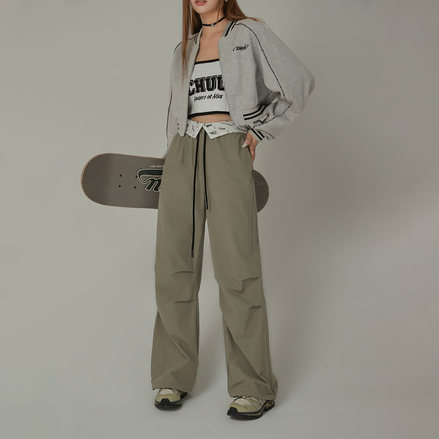 CHUU Color Matching Folded Waist Collar String Pants