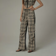 Checked Cargo Contrasting Color Casual Pants