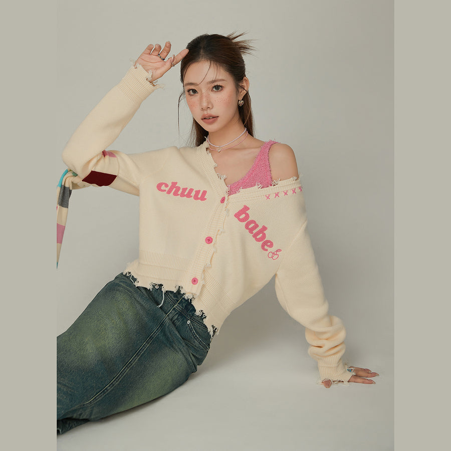 CHUU Logo Distressed Colored Knit Cardigan