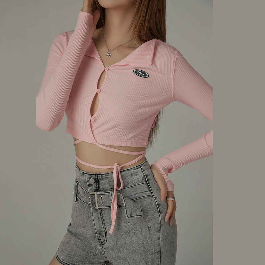 CHUU Ribbed Front Keyhole Long Sleeve Criss Cross Top