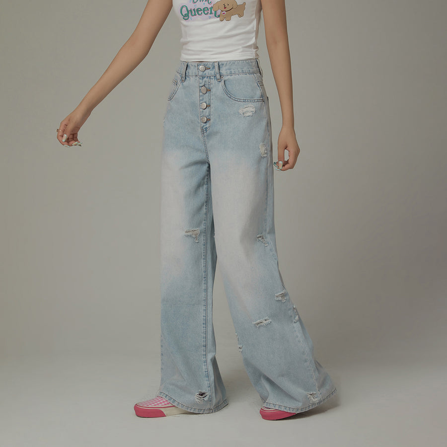 CHUU Multi-Button Ripped Wide Jeans