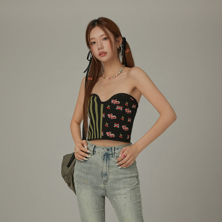 CHUU Striped Cherries Two Toned Color Knit Tube Top